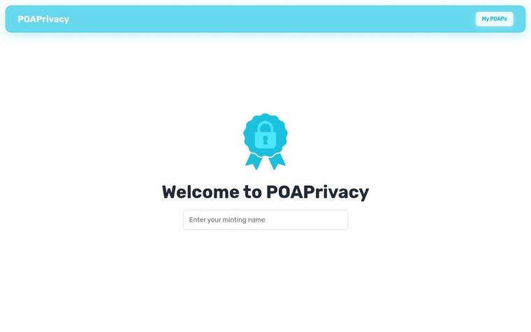 POAPrivacy live app landing page: lock badge, Welcome to POAPrivacy, minting-name input
