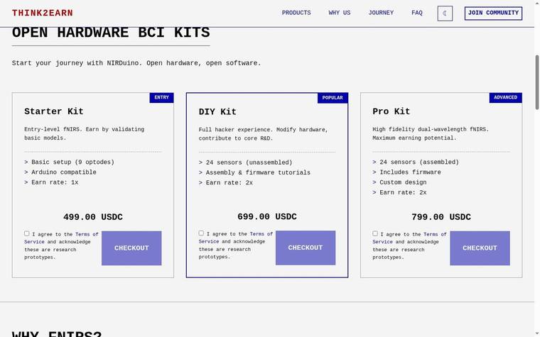 think2earn.com: Open Hardware BCI Kits, three NIRDuino pricing cards, Starter, DIY and Pro